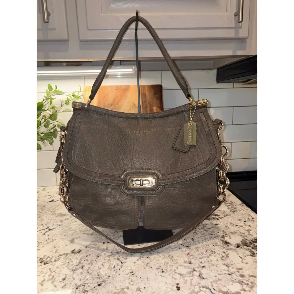 Coach 17781 Grey Chelsea Flagship Dowel Shoulder Bag Pebbled Leather Satchel